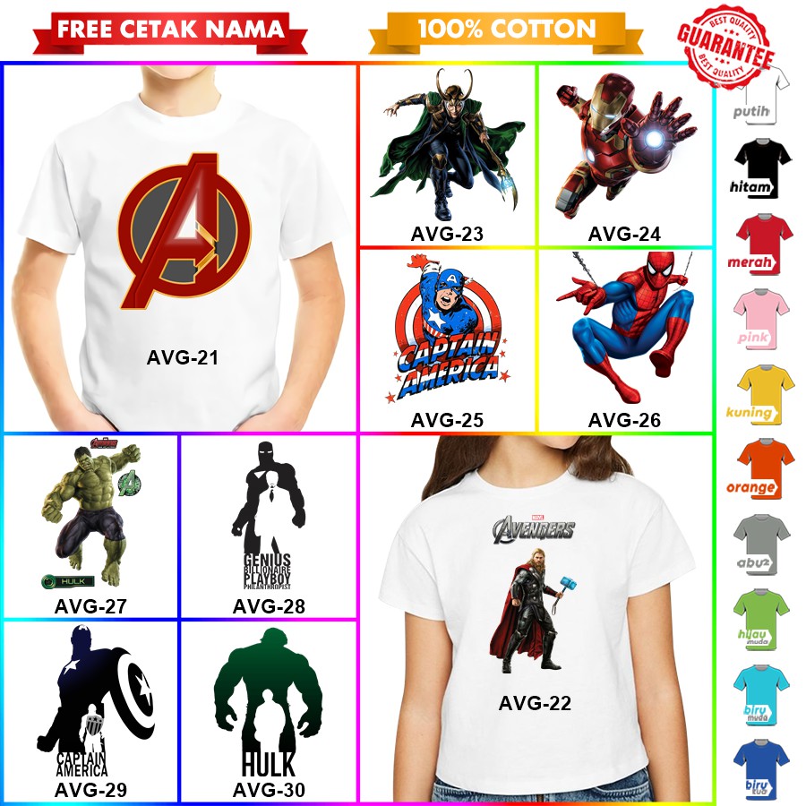 [FREE NAMA!!] Baju Kaos COUPLE  ANAK DAN DEWASA AVENGERS IRONMAN CAPTAIN THOR SPIDERMAN BANYAK MOTIF