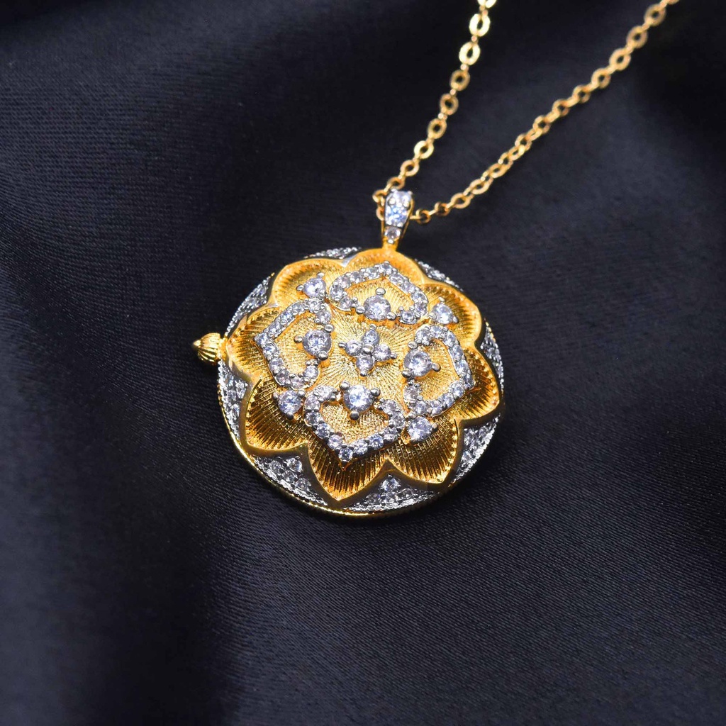 Goldkingdom Perhiasan Fashion Emas Asli Kadar 375 Bangkok Aksesoris Ready Stock Vintage Disc Bertatahkan Kalung Gilt Silver Zircon Rose Liontin Untuk Wanita