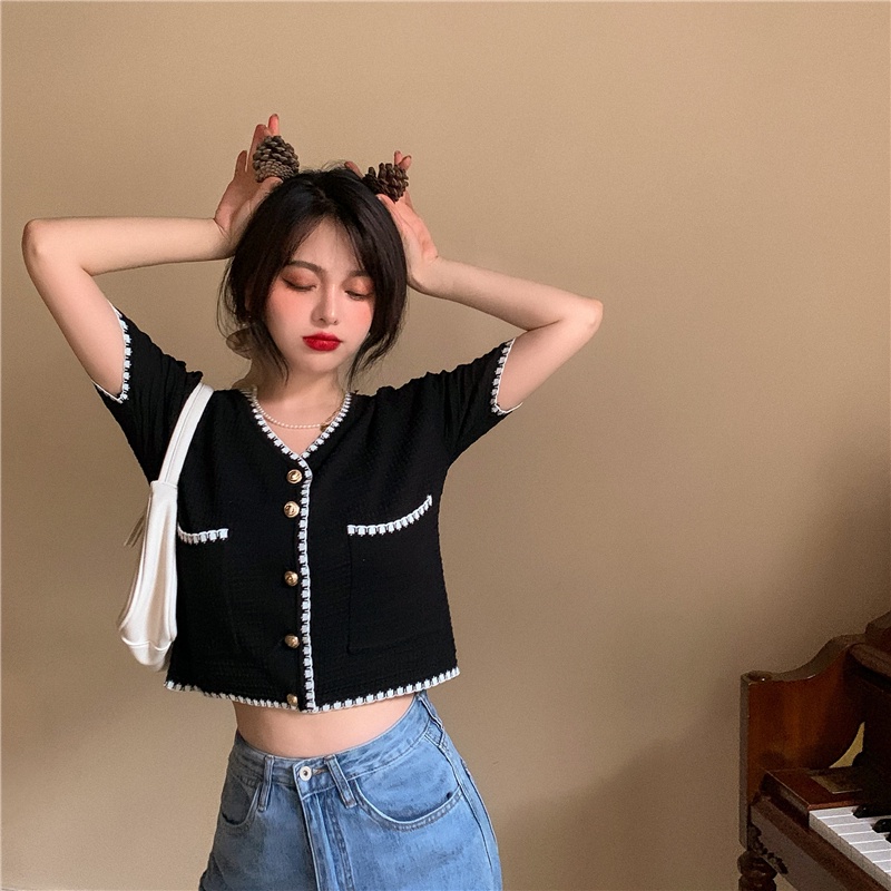 [2 Warna] Versi Korea Fashion Retro V-neck Hitam Rajutan Cardigan Crop Atasan Lengan Pendek untuk Wanita