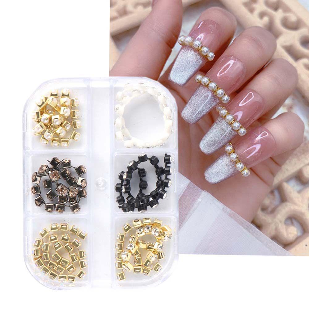 MXBEAUTY Rantai Logam Kuku Rhinestones Pesona 6kisi /set Emas Hiasan Kuku 3D Aksesoris Kuku Manicure Pearl Chain Nail Jewelry