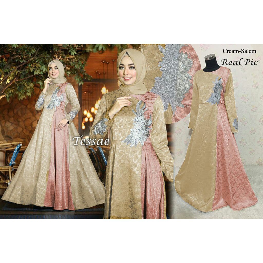 Cs2 Baju Gamis Pesta Muslim Remaja Wisuda Sabrina Modern Warna Cream Kombinasi Salem