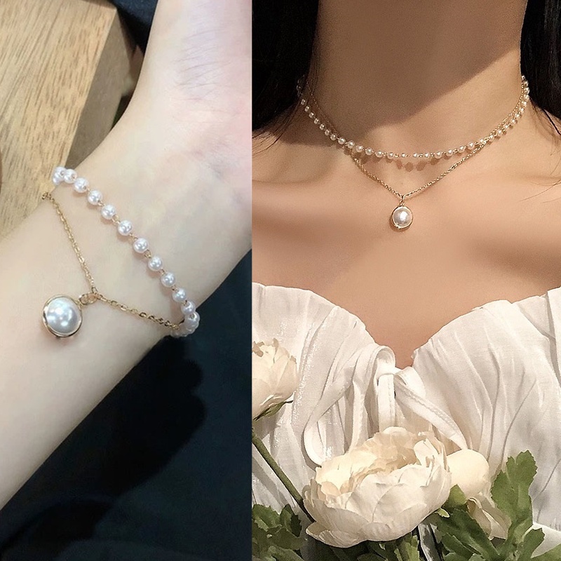 Kalung Dan Gelang Liontin Mutiara Gaya Hip Hop Korea Untuk Wanita