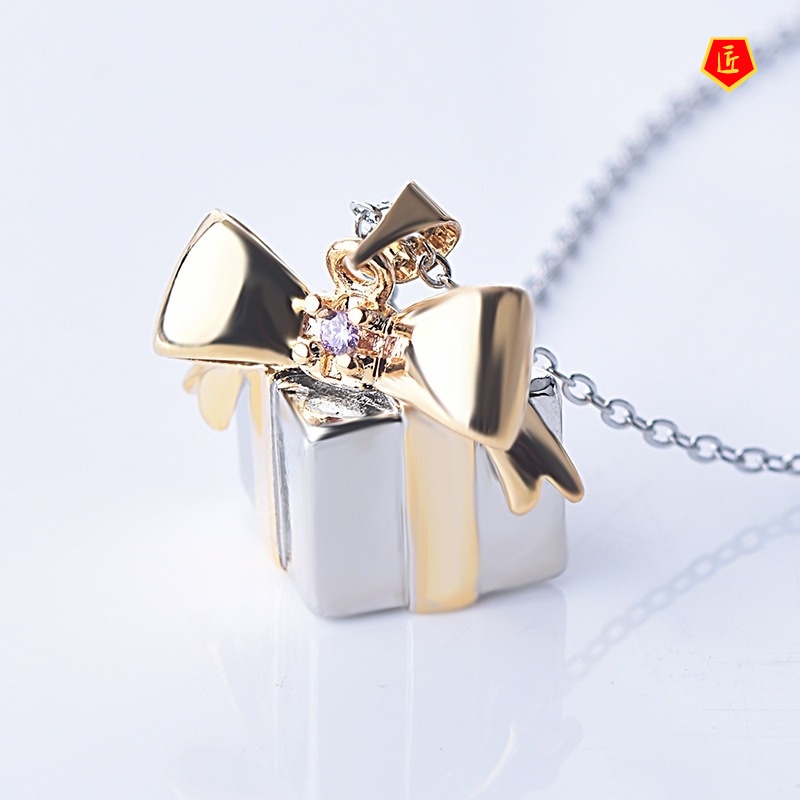[Ready Stock]Christmas Gift Box Jeweled Pendant 18K Gold Plated Two-Tone Necklace