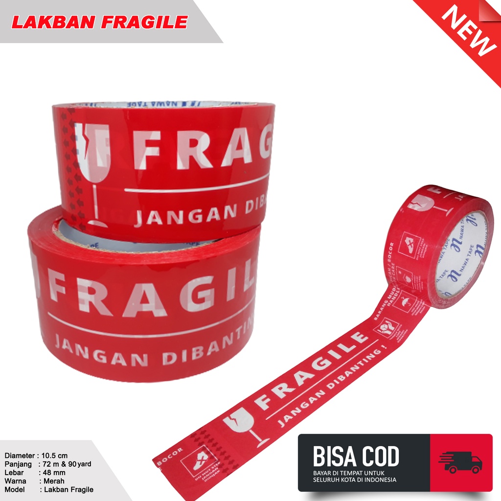 

Lakban Fragile Merah Jangan dibanting Ukuran 48 mm / 2 inch 90 yard