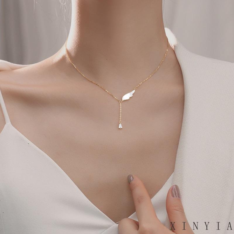 Xia.id Kalung Rantai Clavicle Simple Hias Liontin Sayap Rumbai Untuk Wanita