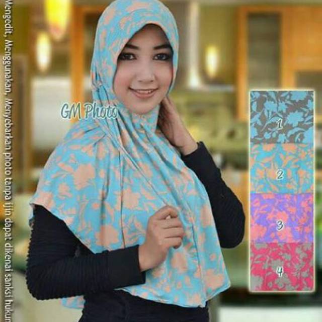 Jilbab instan serut tali belakang / motif bunga