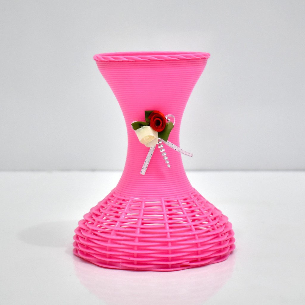 COD POT BUNGA PLASTIK VAS BUNGA PLASTIK POT BUNGA ROTTAN POT BUNGA HIASAN MEJA VAS  ROTTAN PB5014-PINK