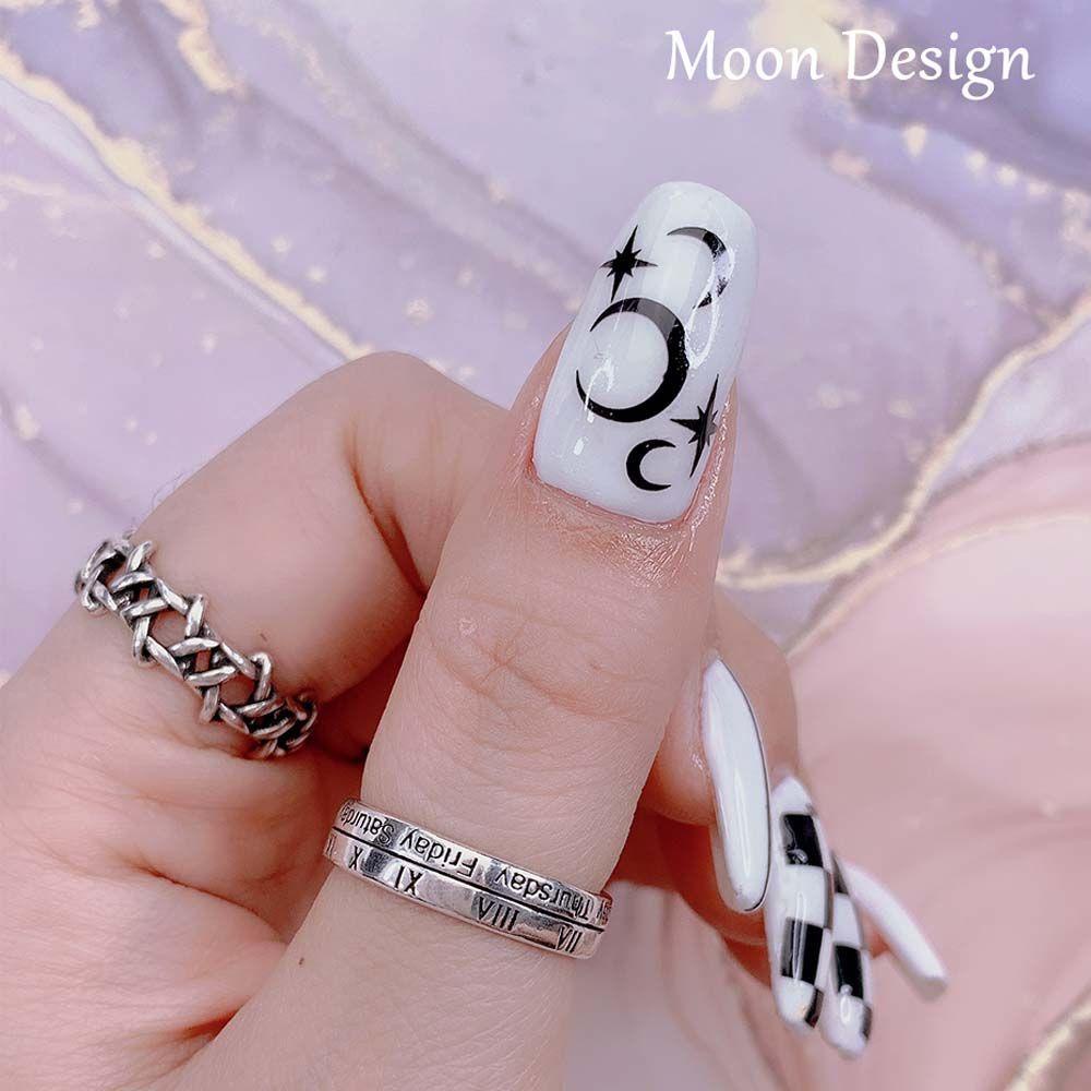 Mxbeauty Stiker Kuku Motif Kotak-Kotak / Bulan / Bintang 3D Warna Hitam / Putih Untuk Nail Art DIY