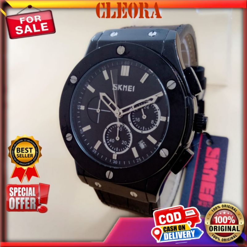 Jam Tangan Pria  SKMEI Arloji Analog Chronograph Tali Kulit Jm Arloji Tahan Anti Air Jam Tangan Vira