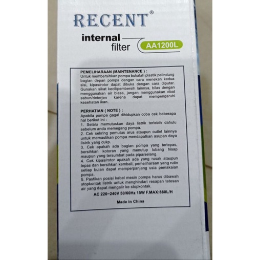 PROMO Murah Pompa AQUARIUM INTERNAL Filter RECENT AA 1200L