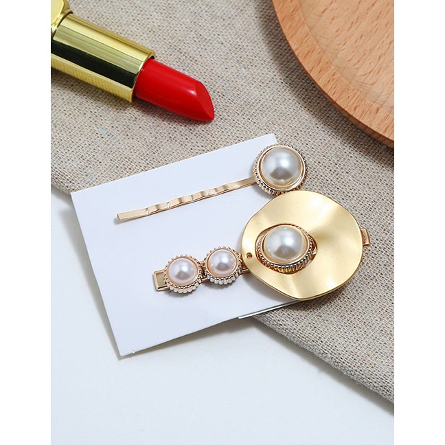 LRC Jepit Rambut Fashion Gold Metal Flower Pearl Two-piece Hair Clip A58163