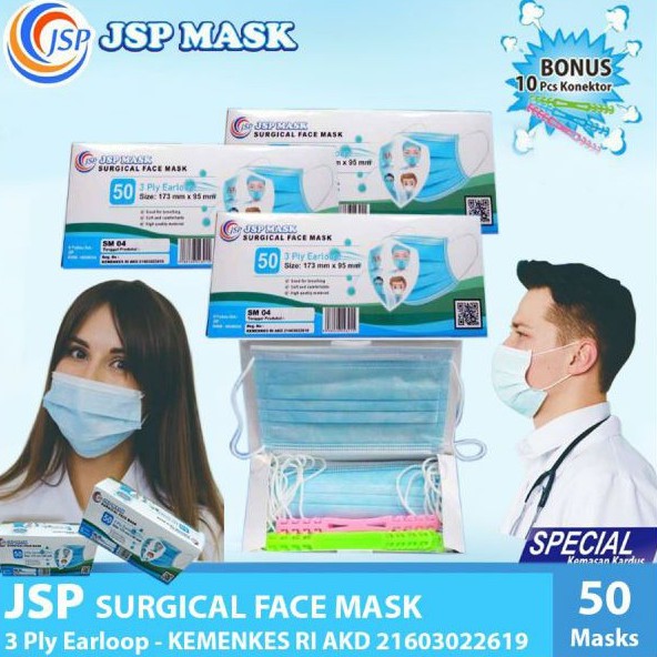 Masker Medis 3ply Earloop JSP SM04 / Medical Grade IJIN KEMENKES isi 50 Pcs