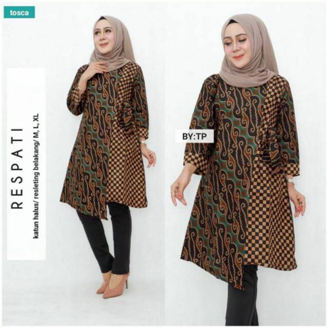 Tunik Respati Kotak Mozaik Layer Kombinasi Batik Sogan Modern Midi Casual Kerja Seragam Kantor Sogan