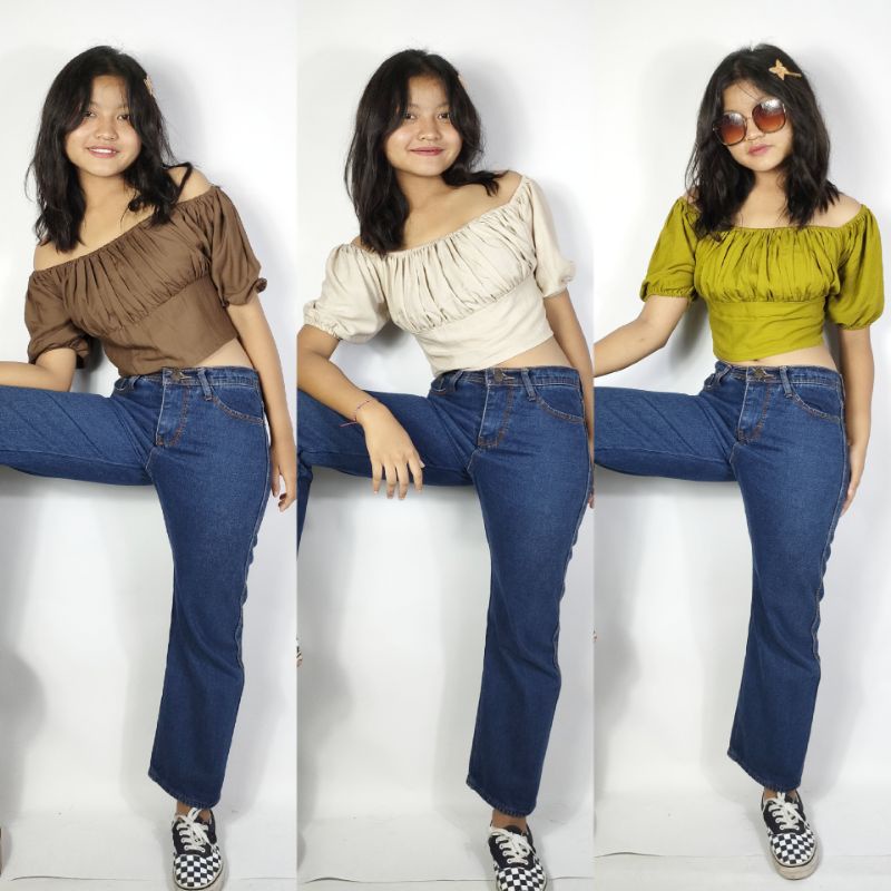 Abila Crop Top Sabrina Kerut Rayon Polos / Atasan Wanita Crop Rayon Polos