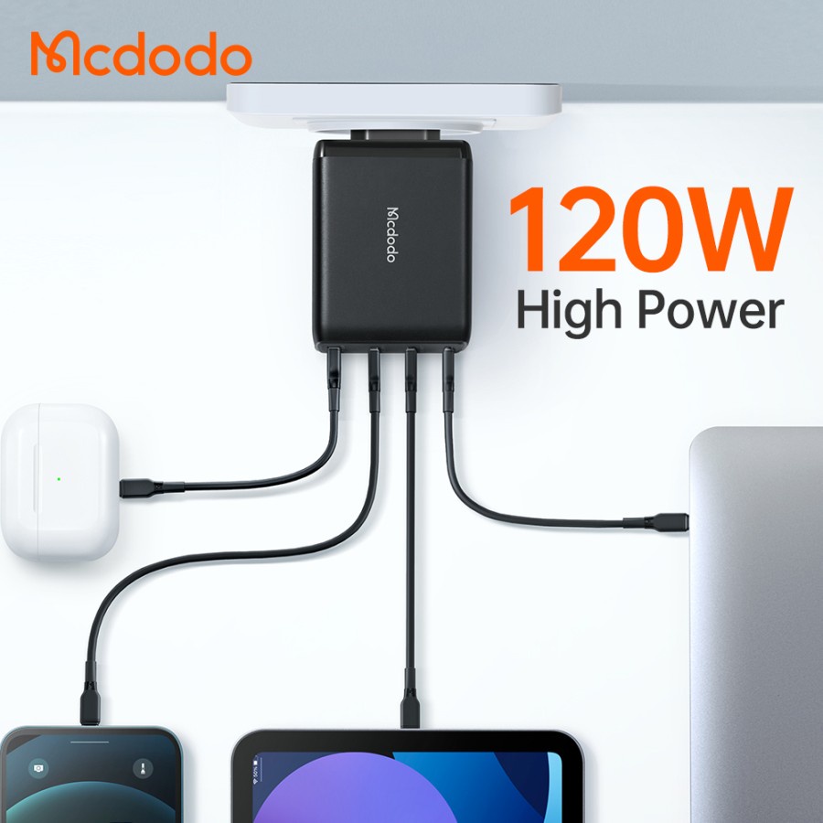 MCDODO CH-0771 Adaptor Kepala Charger GaN 4 Port 120W QC 5A USB Type C iPad Macbook Laptop + Kabel Type C To Type C