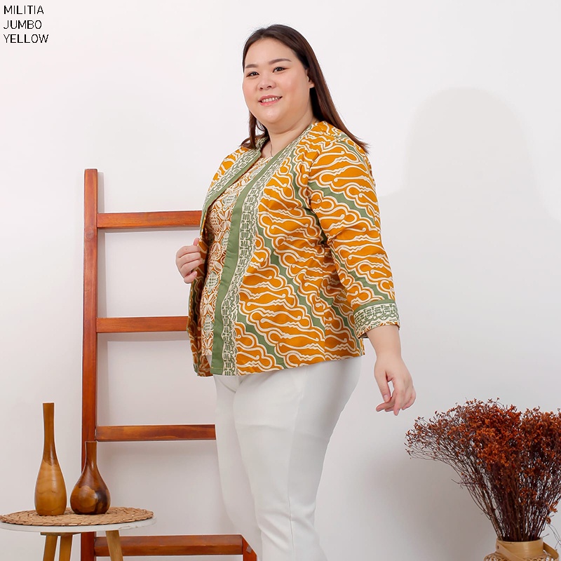 Evercloth Militia Atasan Batik Lengan Panjang Blazer Baju Batik Panjang Perempuan Blouse Batik Wanita Couple Batik Modern Jumbo Seragam Sarimbit