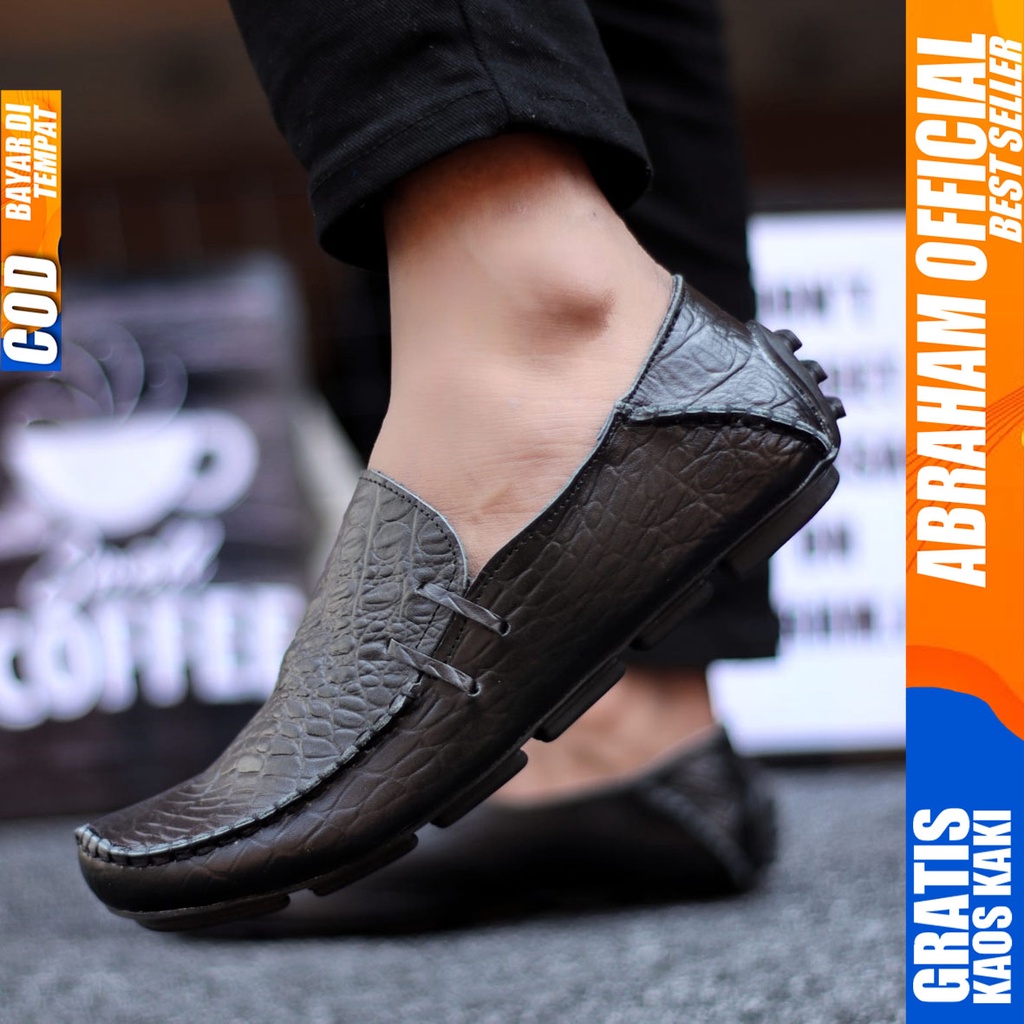 Abraham Moclay - Sepatu Slip On Pria Slop Kulit Asli Kerja Hitam