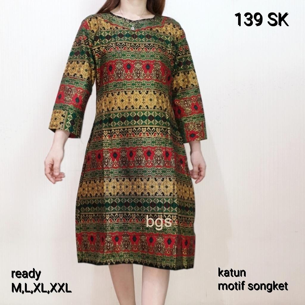 TUNIK 139 SK # TUNIK  LENGAN PANJANG  MOTIF TENUN SONGKET BAHAN KATUN ( TIDAK STRETCH )