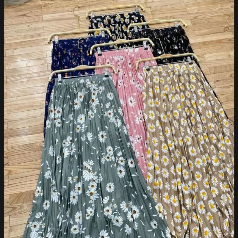 ROK PLISKET MOTIF BUNGA DAISY BINTIK TERLARIS /  ROK PLISKET PREMIUM / TERLARIS