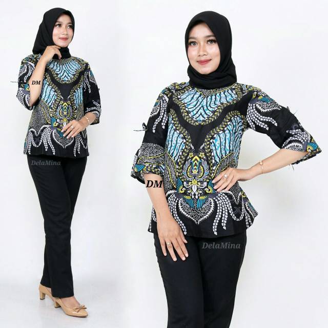 Atasan Baju Batik Wanita Cewek Formal Casual Blouse Blus Batik Kerja Kantor Biru Muda Shopee Indonesia