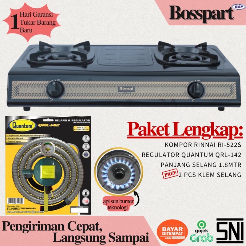 Paket Kompor Gas Rinnai 2 Tungku RI-522S bonus selang regulator Quantum