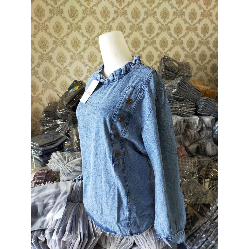 baju wanita serut ABG pinkan blouse indiesn jeans wash premium murah