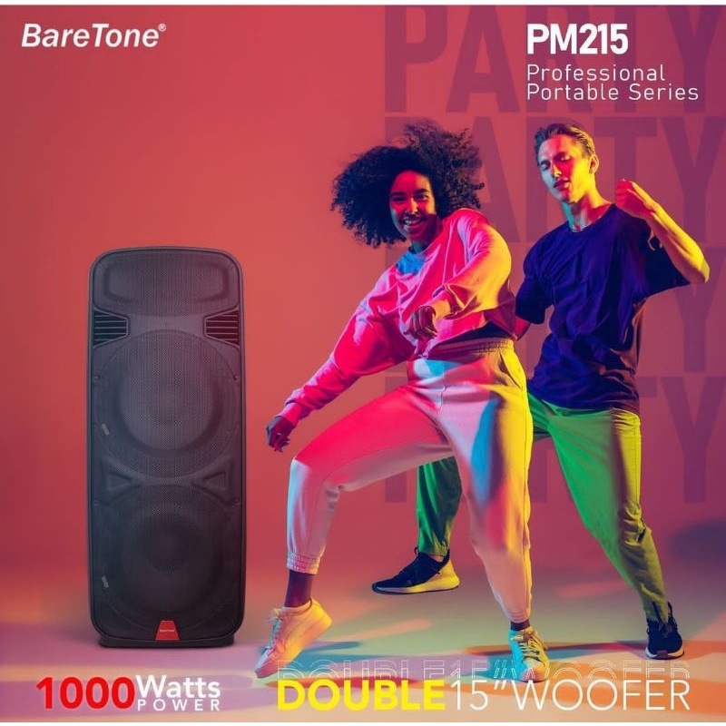 Baretone Aktif 2 Mic Wireless Party Box 15 Inch PM 215 + Lampu Disco