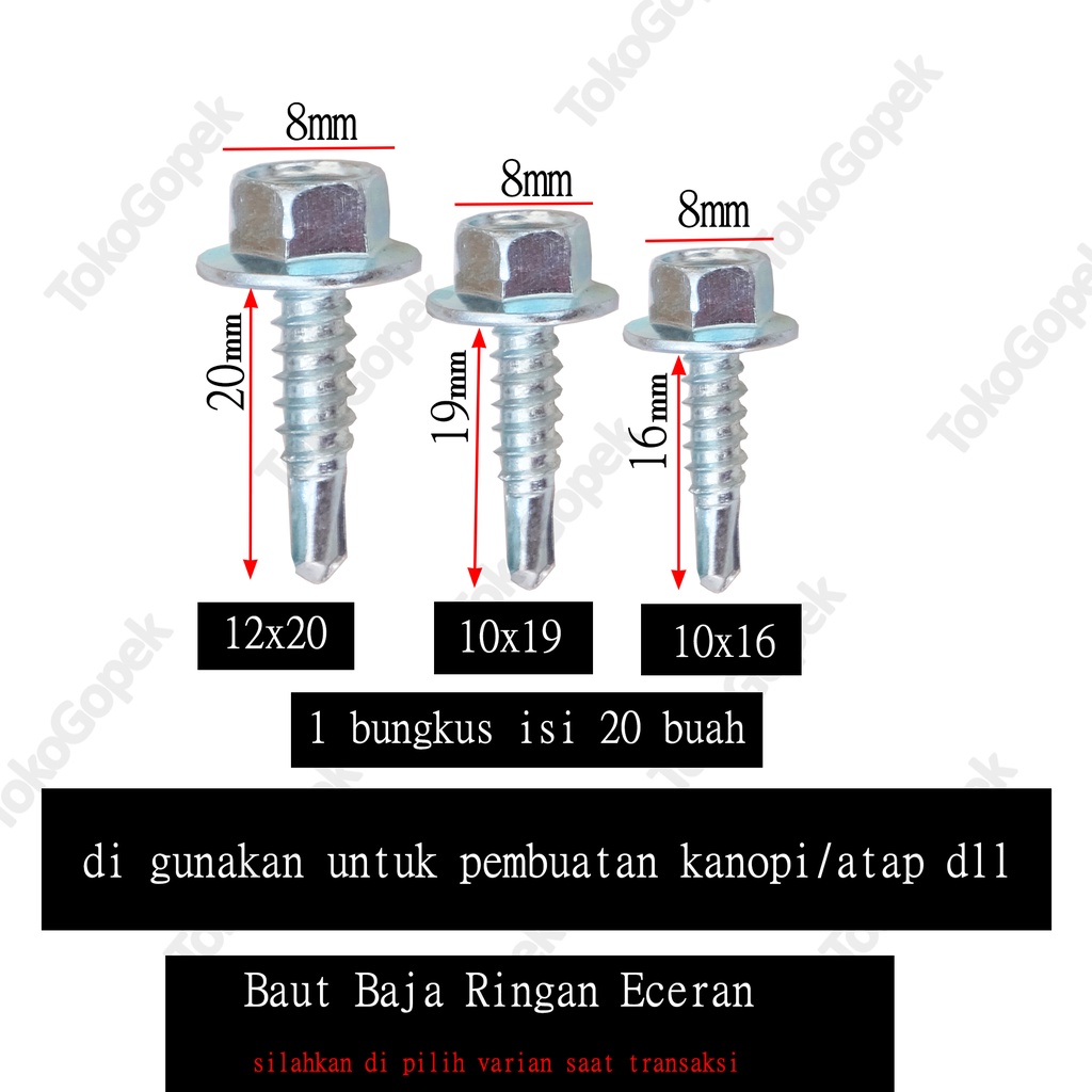 SEKRUP BAJA RINGAN 10X19/10X16/12X20 - BAUT BAJA RINGAN KUAT &amp; TAJAM