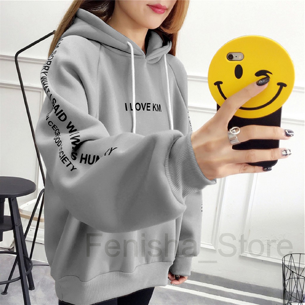 FenishaStore Sweater Hoodie Wanita I LOVE KM Lengan Panjang Size M L XL XXL-Bisa Bayar Ditempat COD