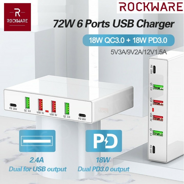 ROCKWARE X5 - 4 USB Port and 2 PD 18W Port Charging Station - 72W