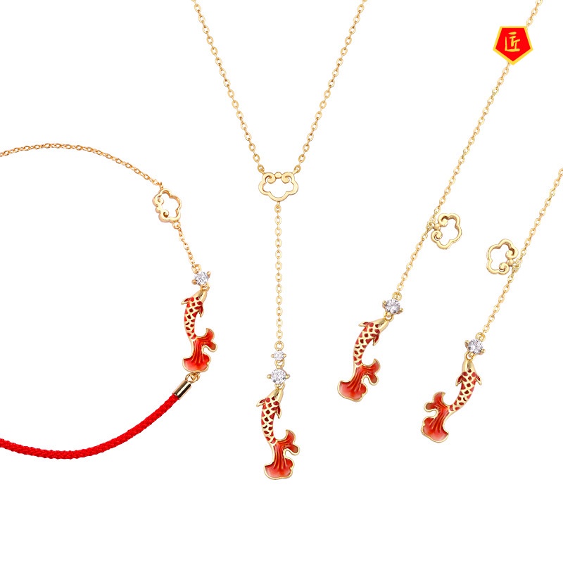 [Ready Stock]Koi Jewelry Set Necklace Earrings Braided Red Rope Bracelet