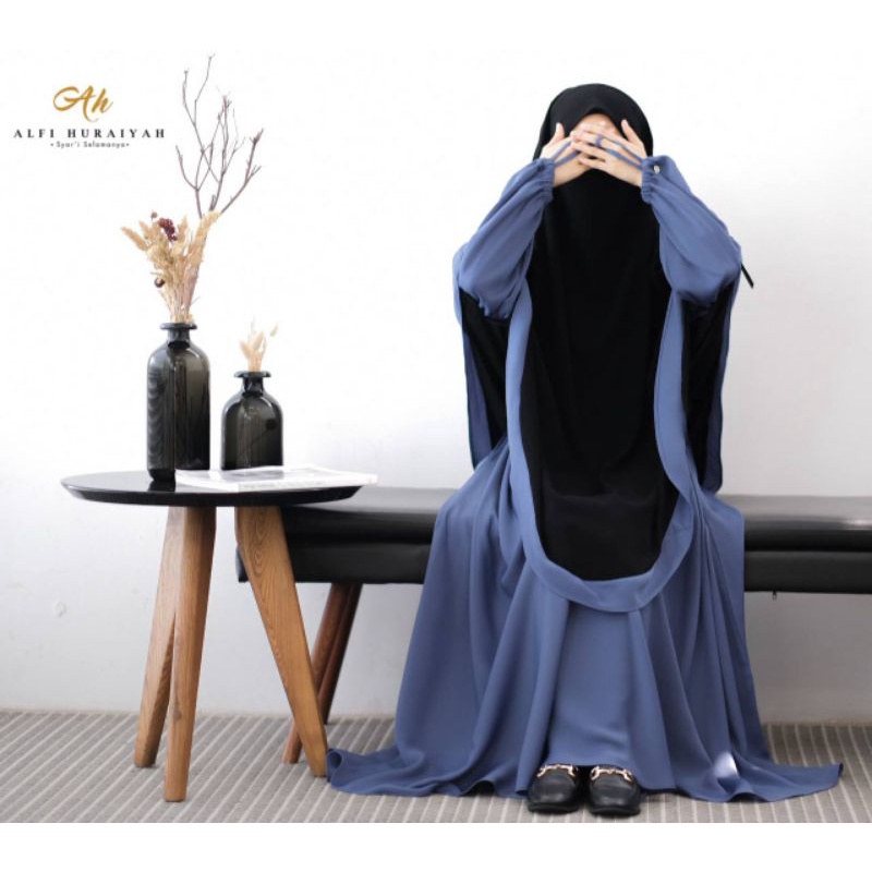 Set Gamis French Khimar Azalea Series Denim Blue by Alfi Huraiyah