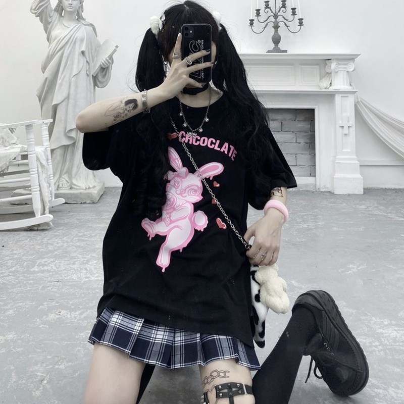 KBS-91 kaos full print kelinci rabbit black and pink oversize t-shirt import korea jepang