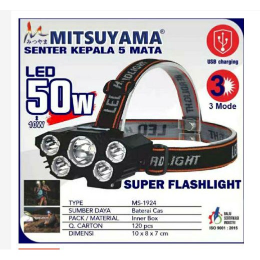 Senter Kepala 5 LED 50w Super Terang 3 Mode USB Rechargeable Mitsuyama MS-1924 murah dan berkualitas terbaru terlaris