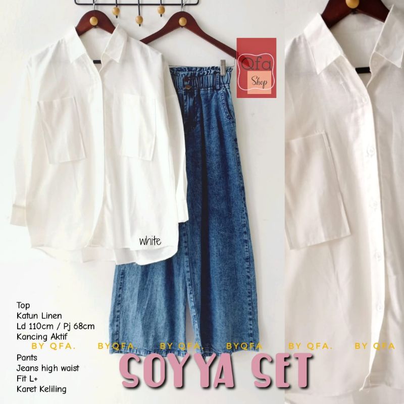 SOYYA SET BY QFA SHOP ONESET BLOUSE BAHAN KATUN LINEN LD -/+110 KEMEJA POLOS BUSUI DAN BERSAKU + CEL