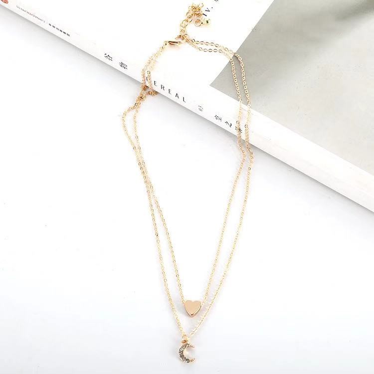 Kalung 2 Bandul Untuk Wanita / Kalung Liontin Love Bulan Sabit Korean Fashion Wanita Import