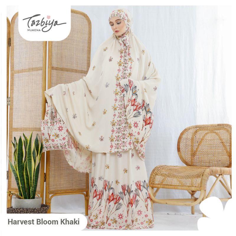 Mukena Tazbiya Harvest Bloom Pink Blue Khaki Jumbo Dewasa Katun Rayon Adem Motif Cantik Treveling