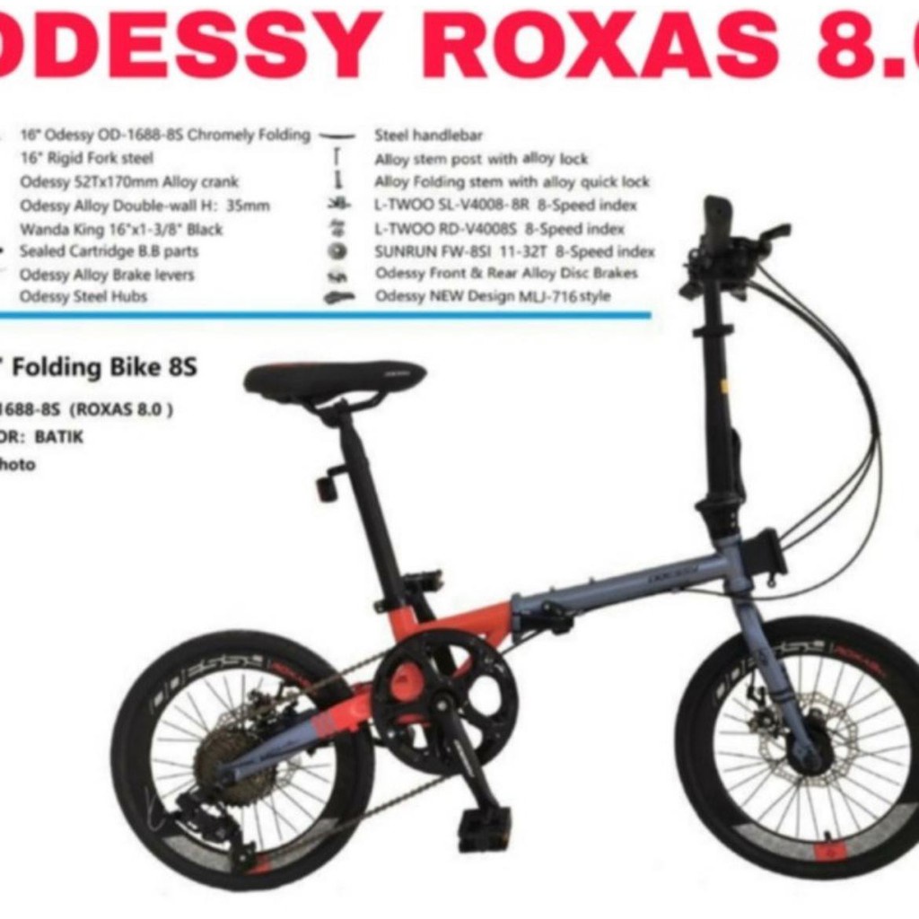Sepeda Lipat Odessy Roxas 8.0 Chromoly 8 Speed Frame 16 Chromoly Folding Frame Garansi SNI COD-Abu merah