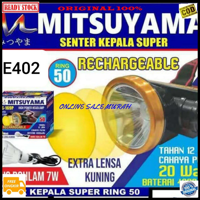 G402 Mitsuyama ORI 100% led lampu senter kepala pala cas casan headlamp head lamp baterai putih kuning led sinar cahaya terang rechargealble tahan air waterproof baterry charger multi universal original  20 WATT  TAHAN 12 JAM  BONUS LAMPU GANTUNG LED  WAR