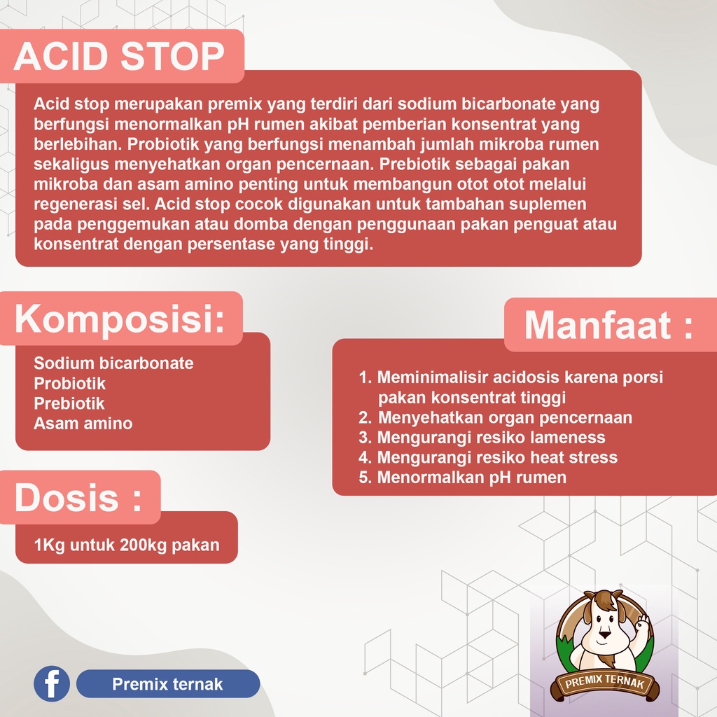 ACID STOP 1KG - PREMIX ANTI ACIDOSIS + PEMACU PRODUKSI SUSU - untuk mencegah kaki pincang sapi kambing domba akibat acidosis dan Memacu Produksi Susu Induk