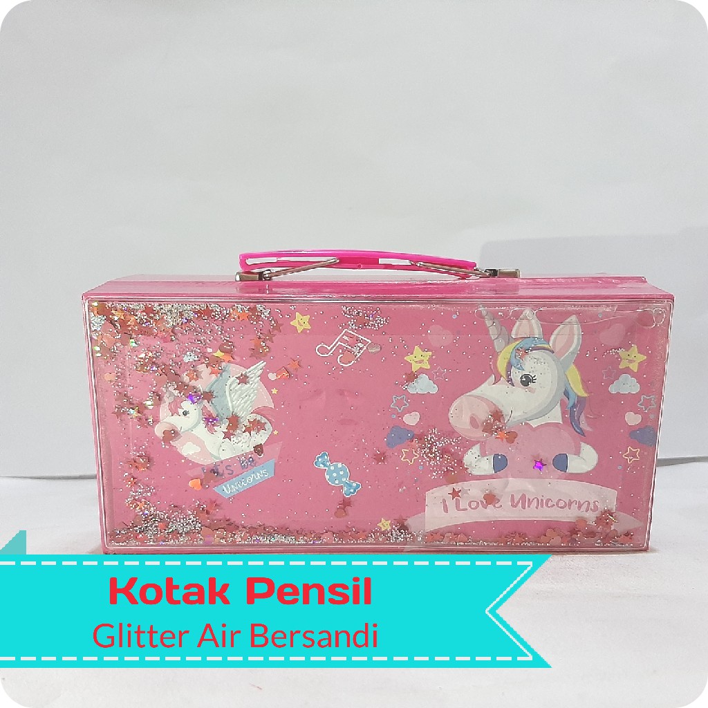 Kotak Pensil Air Glitter Kode Sandi 3 Tingkat-Iove Unicorn