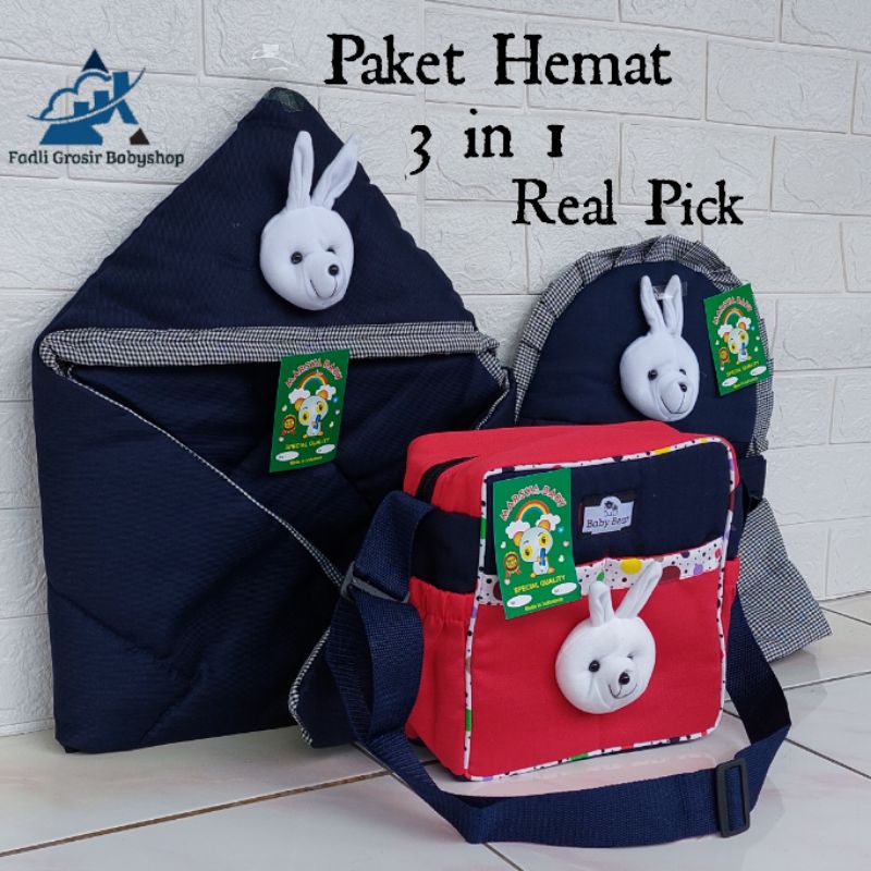 Paket Hemat (3 in 1) Tas Bayi Strip Boneka Gendongan Bayi Samping Topi Boneka Kelinci Dan Selimut Bayi Boneka Kelinci