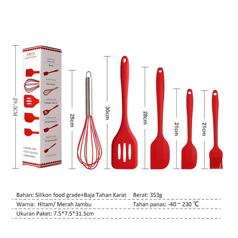 Spatula Set Peralatan Masak Sutil Silikon Cooking Tools isi 5pcs Tahan Panas