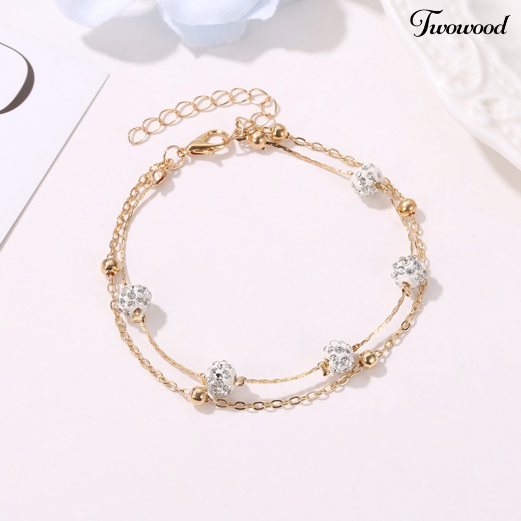 Gelang Kaki Rantai Manik-Manik Berlian Imitasi Double Layer Adjustable Bahan Alloy Untuk Wanita