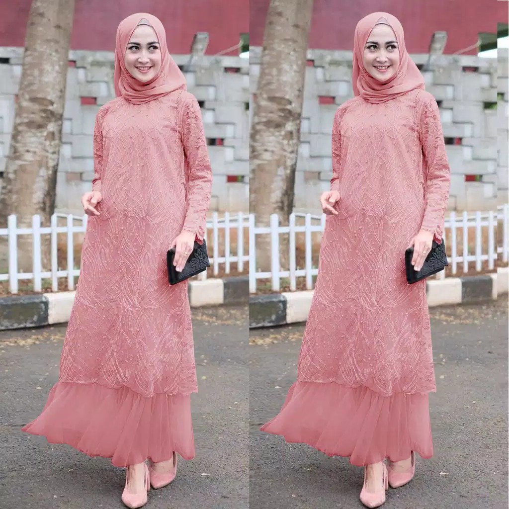 GAMIS BRUKAT MAXI ALDINE | BAHAN TILE RUBY MUTIARA SIZE XXL