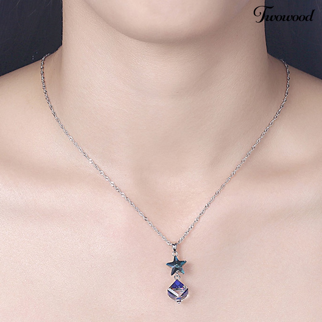 Kalung Choker Silverhoo Liontin Bintang Kristal Tiruan Biru Persegi Tahan Lama Untuk Wanita