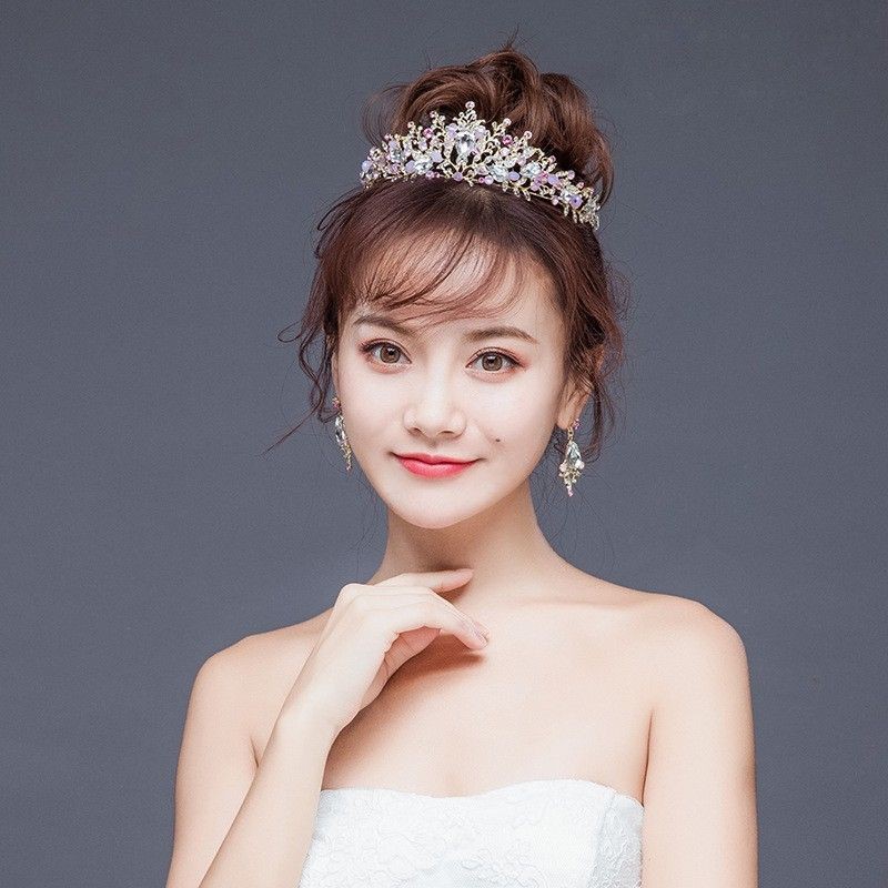 FerenHongXia Banfo tiara handmate+anting tusuk kristal warna emas pink