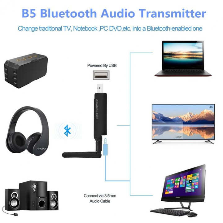 B5 Wireless Audio Transmitter Bluetooth Launcher 3.5mm Stereo Music Adapter with External Antenna