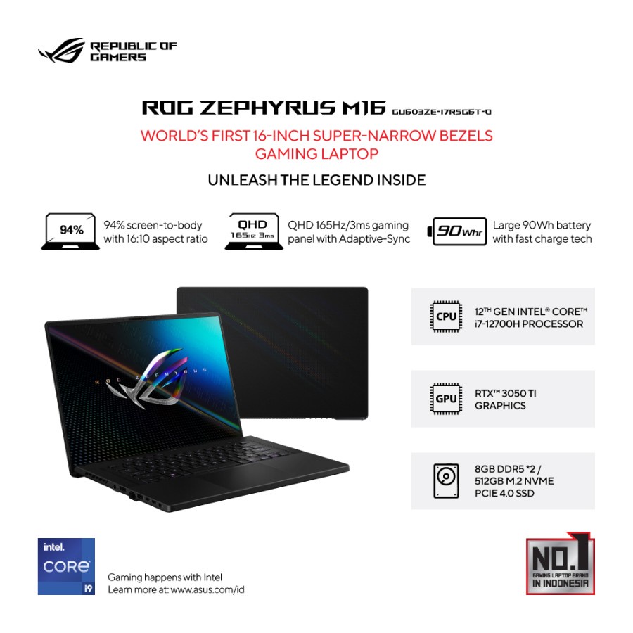 ASUS ROG Zephyrus M16 GU603ZE-I7R5G6T-O - Off Black [Intel® Core™ i7-12700H / NVIDIA® GeForce RTX™ 3050 / 16GB / 512GB / 16inch / WIN11 / OHS]