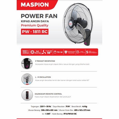 MASPION kipas Angin Besi Wall Fan Remote 18&quot; PW 1811 RC - Garansi Resmi 1 Tahun